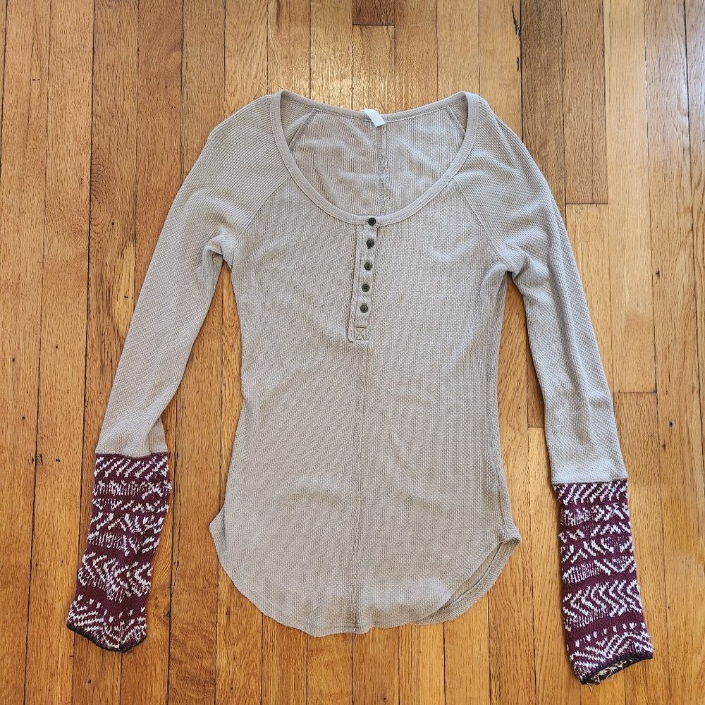 Free People Alpine Cuff Ski Lodge Waffle Knit Henley Thermal Top Small